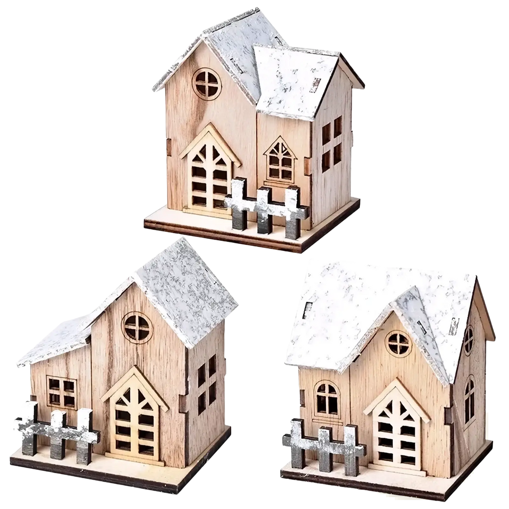 Three miniature wooden houses with snow-dusted roofs and fences led wooden christmas house luminous holiday ornament