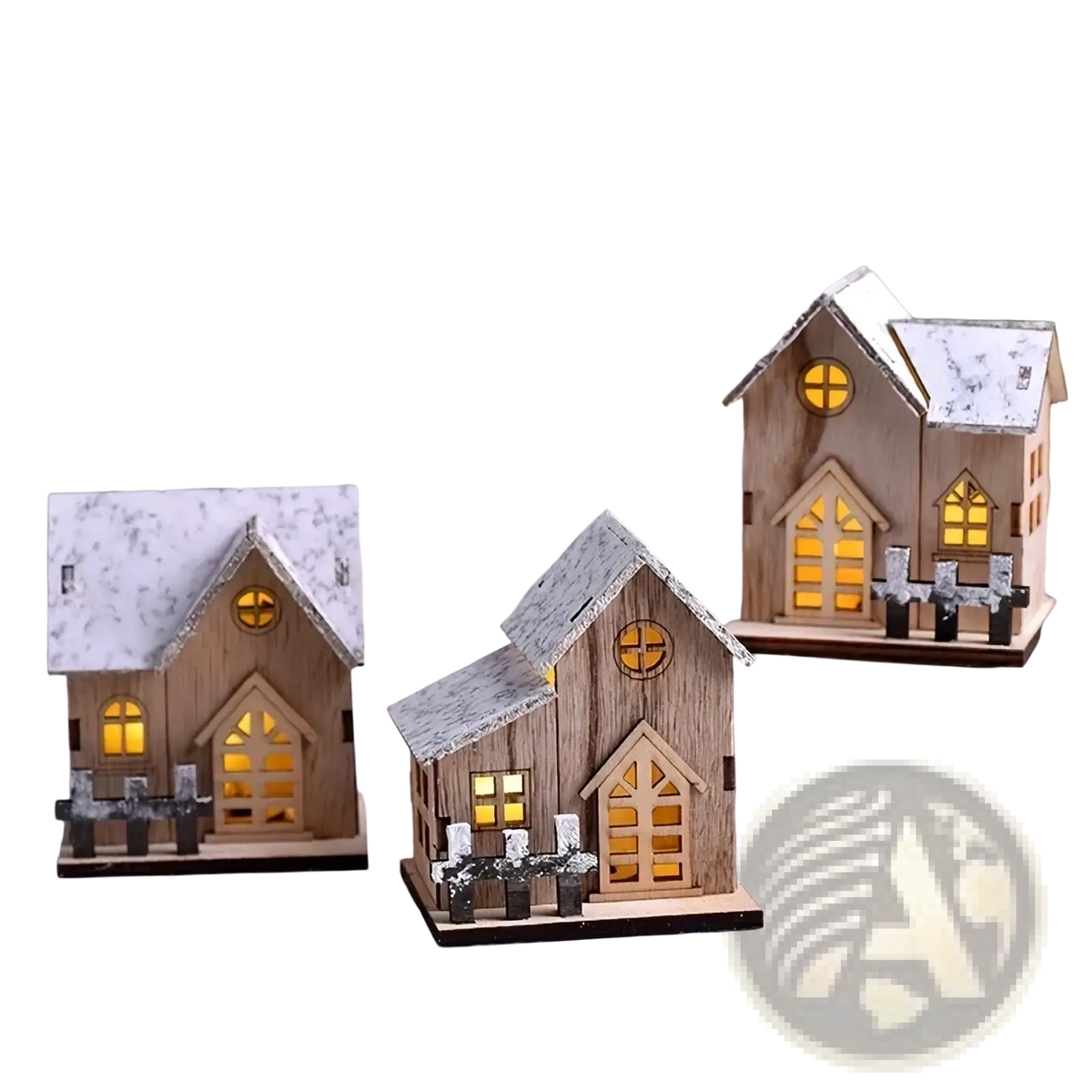 Led wooden christmas house luminous holiday ornament featuring three miniature snow-dusted houses with glowing windows