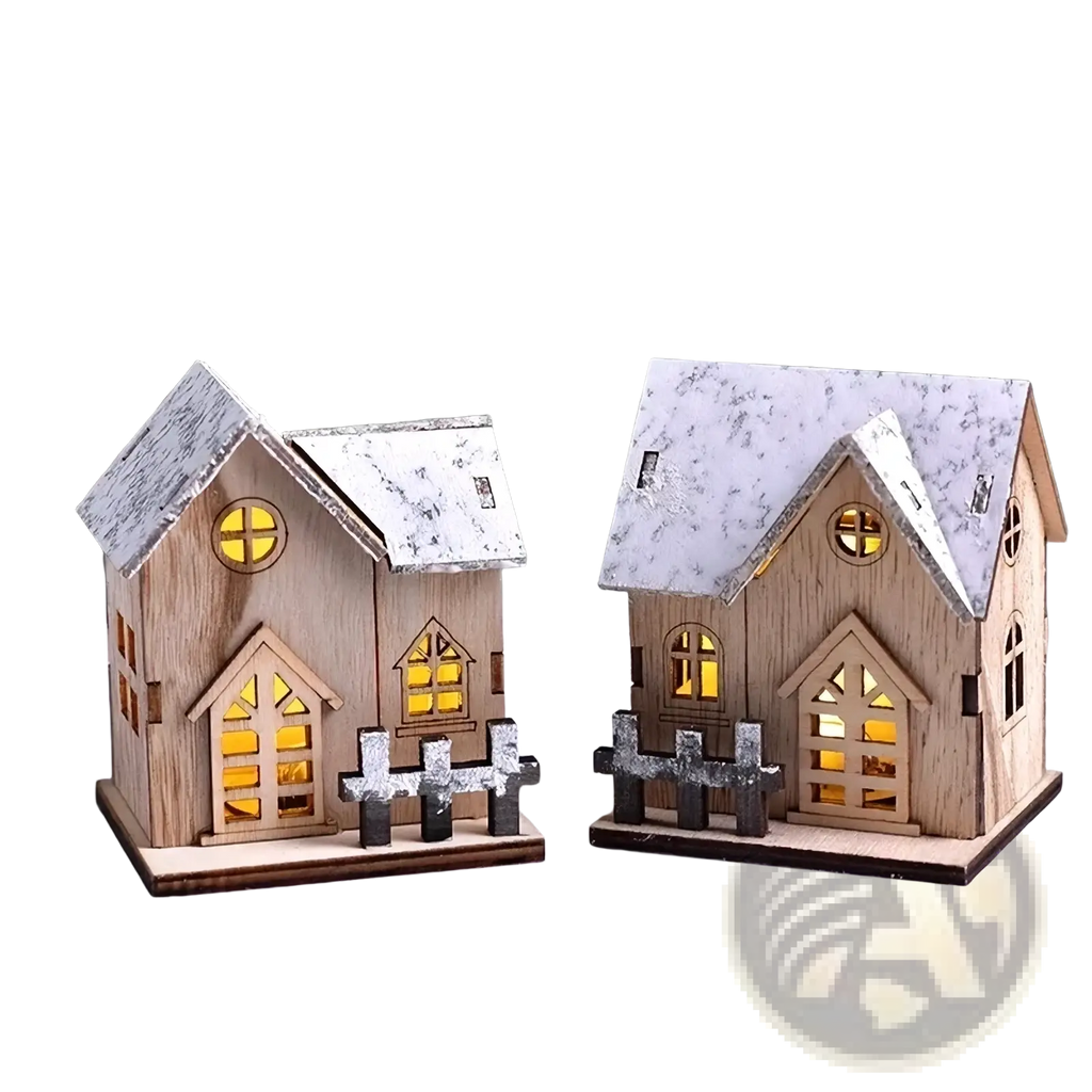 Led wooden christmas house luminous holiday ornament featuring two miniature snow-dusted houses with glowing lights