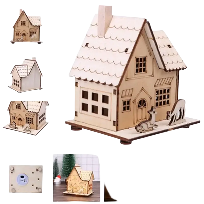 Led wooden house christmas tree ornament with scalloped roof, detailed windows, and small animal figures for diy gift window