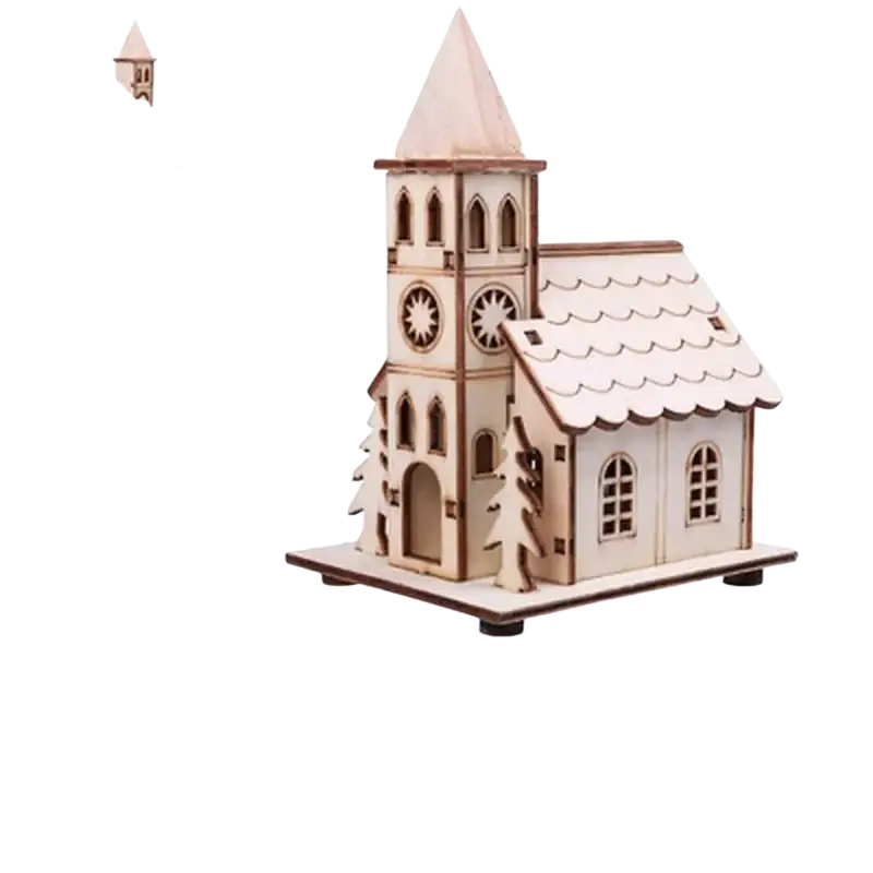 Led wooden house christmas tree ornament featuring a wooden church model with a pointed steeple and scalloped roof edges