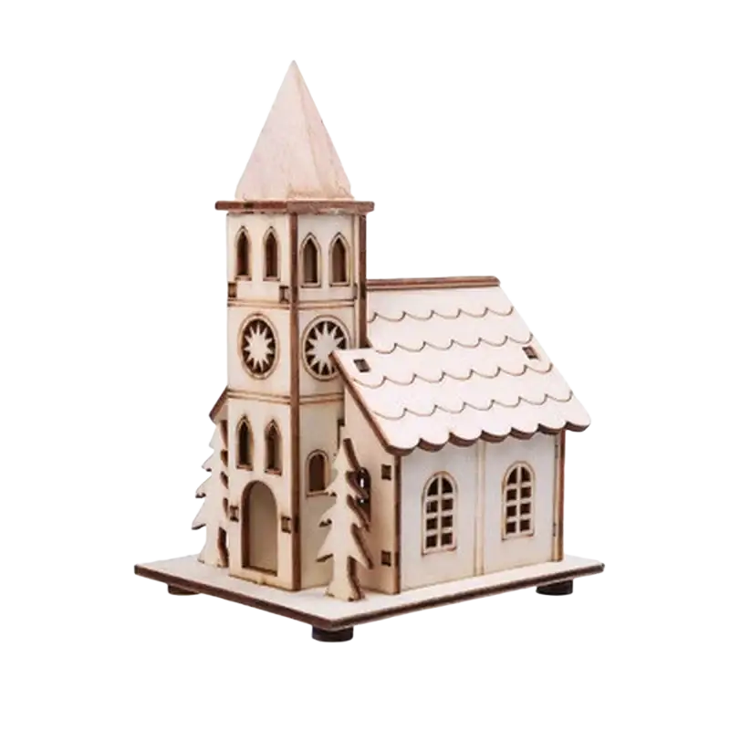 A light-colored wooden led house christmas tree ornament with a pointed steeple and scalloped roof details