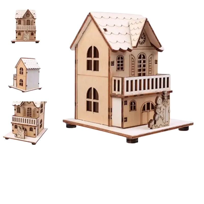 A charming two-story led wooden house christmas tree ornament with lighted interior and snow-capped roof details