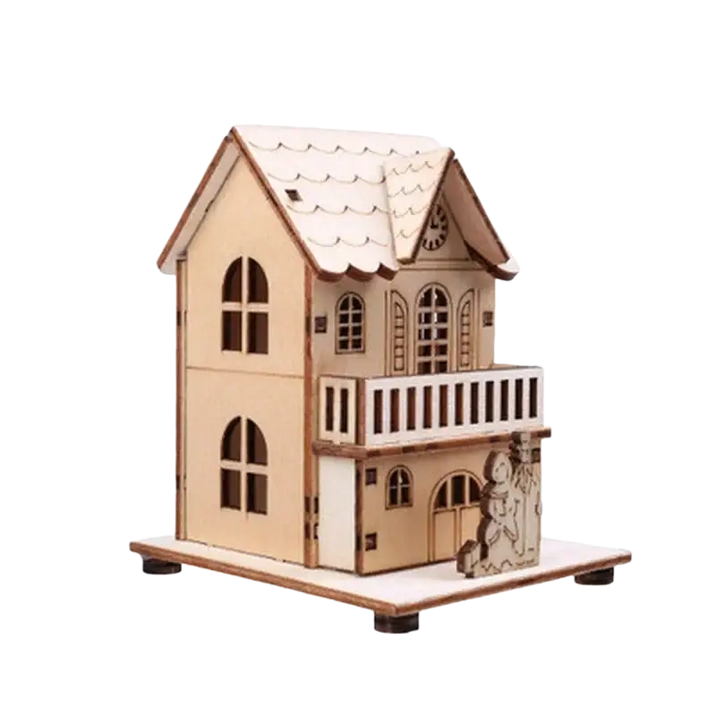 Two-story wooden led house christmas tree ornament with scalloped roof arched windows and balcony for diy gift window