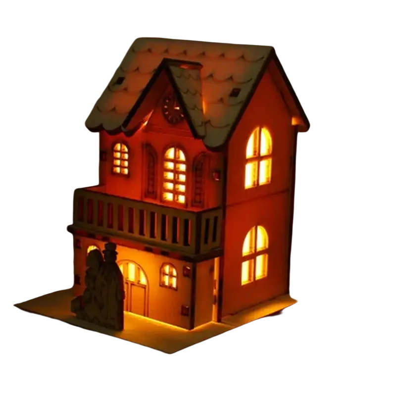 Led wooden house christmas tree ornament with warm light scalloped roof and arched windows ideal for house diy gift