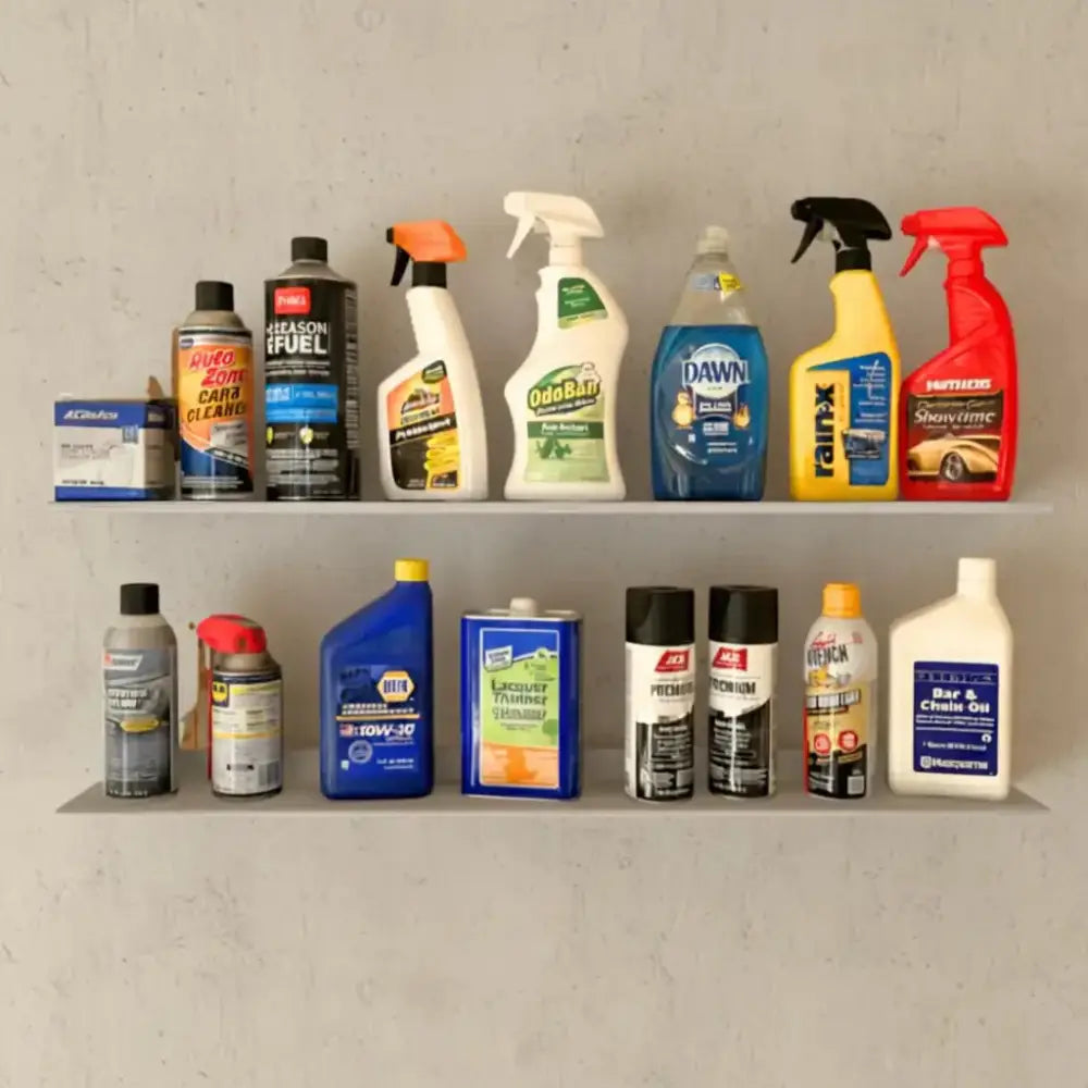 Blue plastic 10w-30 motor oil bottle with yellow cap and white label displayed with white metal 36 inch garage ledge shelf and organizer bracket