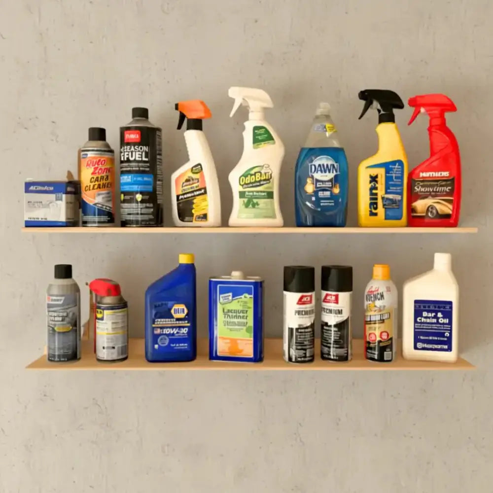 Blue plastic bottle of dawn dish soap with white spray nozzle and green label on white metal 36 inch garage ledge shelf organizer bracket