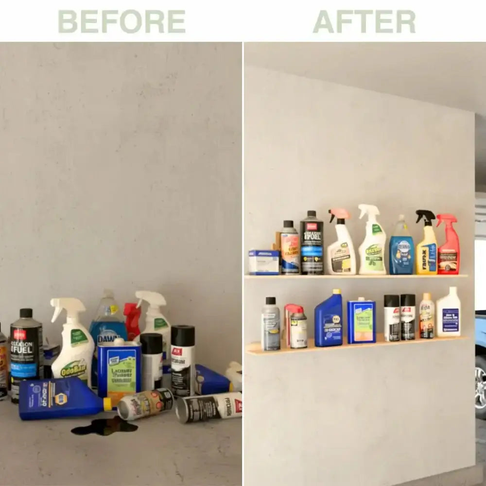 Organized white metal 36 inch garage ledge shelf holding various cleaning and automotive products