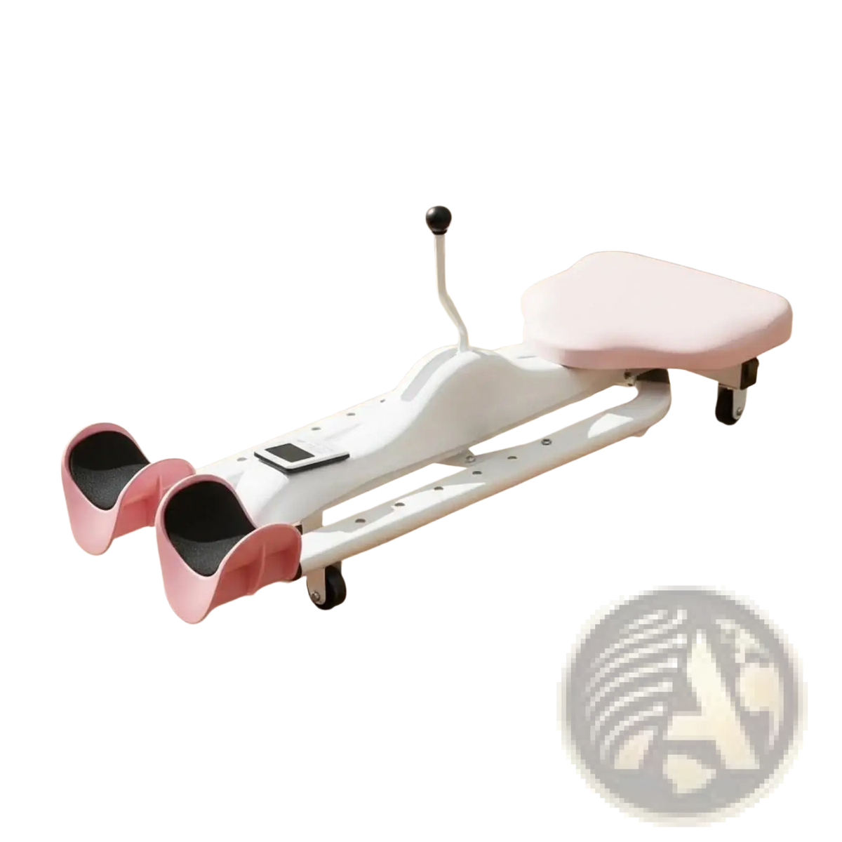 Pink and white adjustable gluteal activation leg stretcher split machine with padded seat footrests and handlebar for yoga flexibility