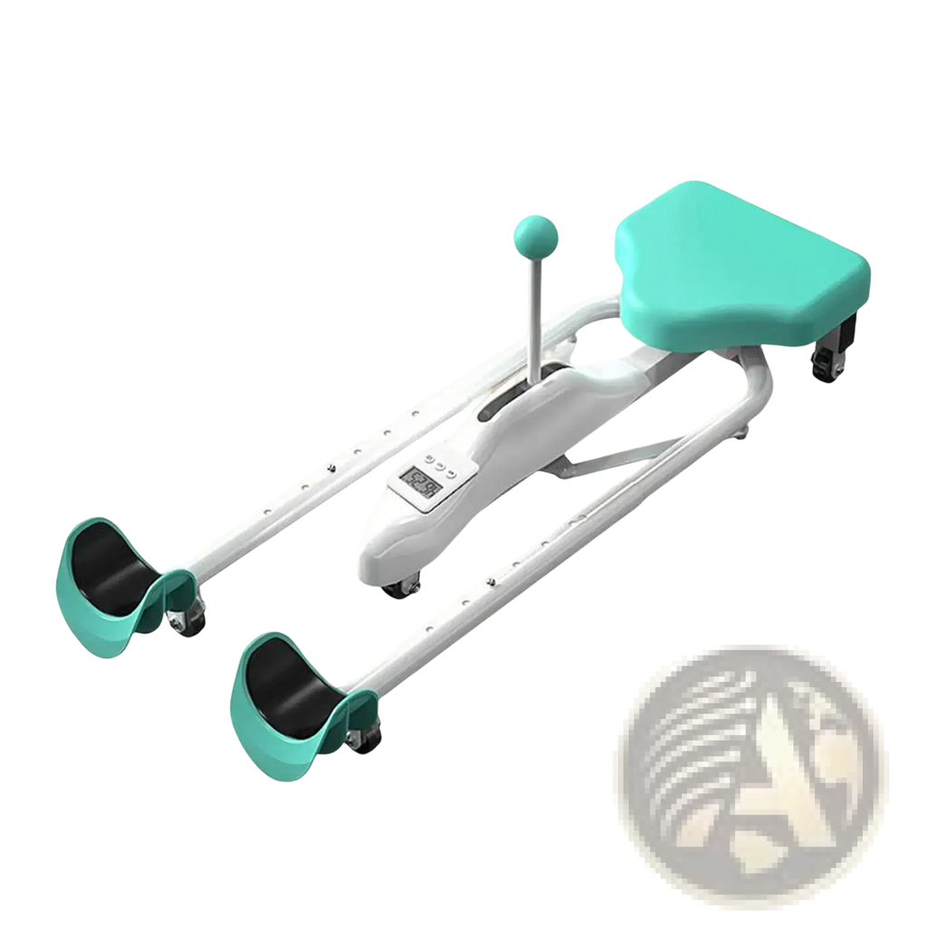 Teal and white adjustable leg stretcher split machine with wheels designed for flexibility and yoga exercises