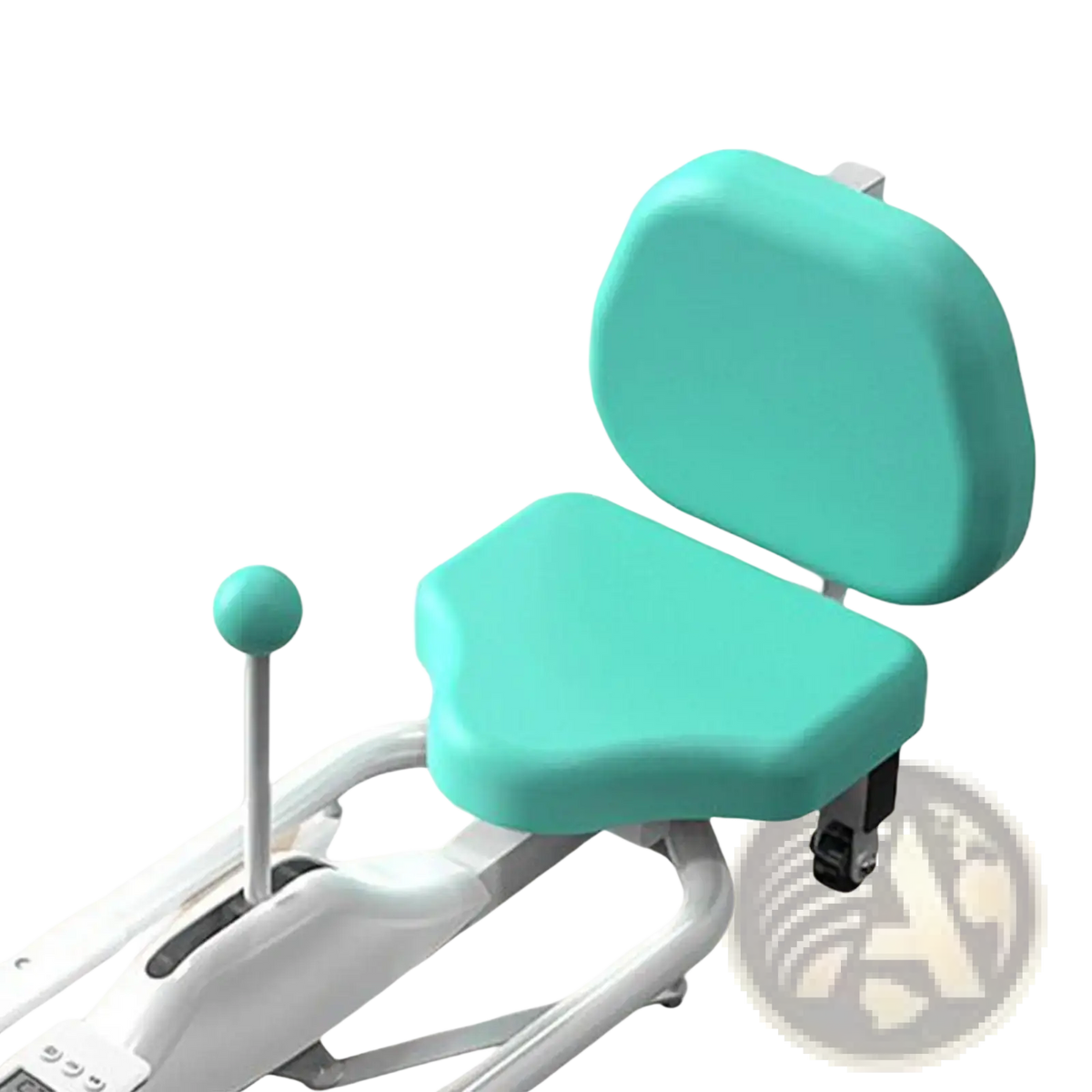Teal cushioned seat with matching backrest on white leg stretcher split machine for flexibility and yoga