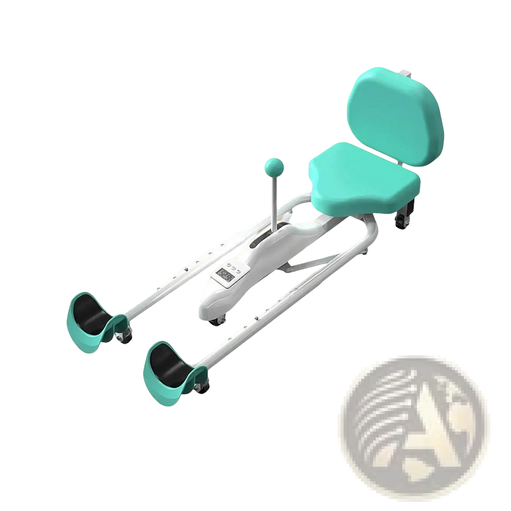 Teal and white adjustable leg stretcher split machine with padded seat backrest and foot supports for flexibility and yoga