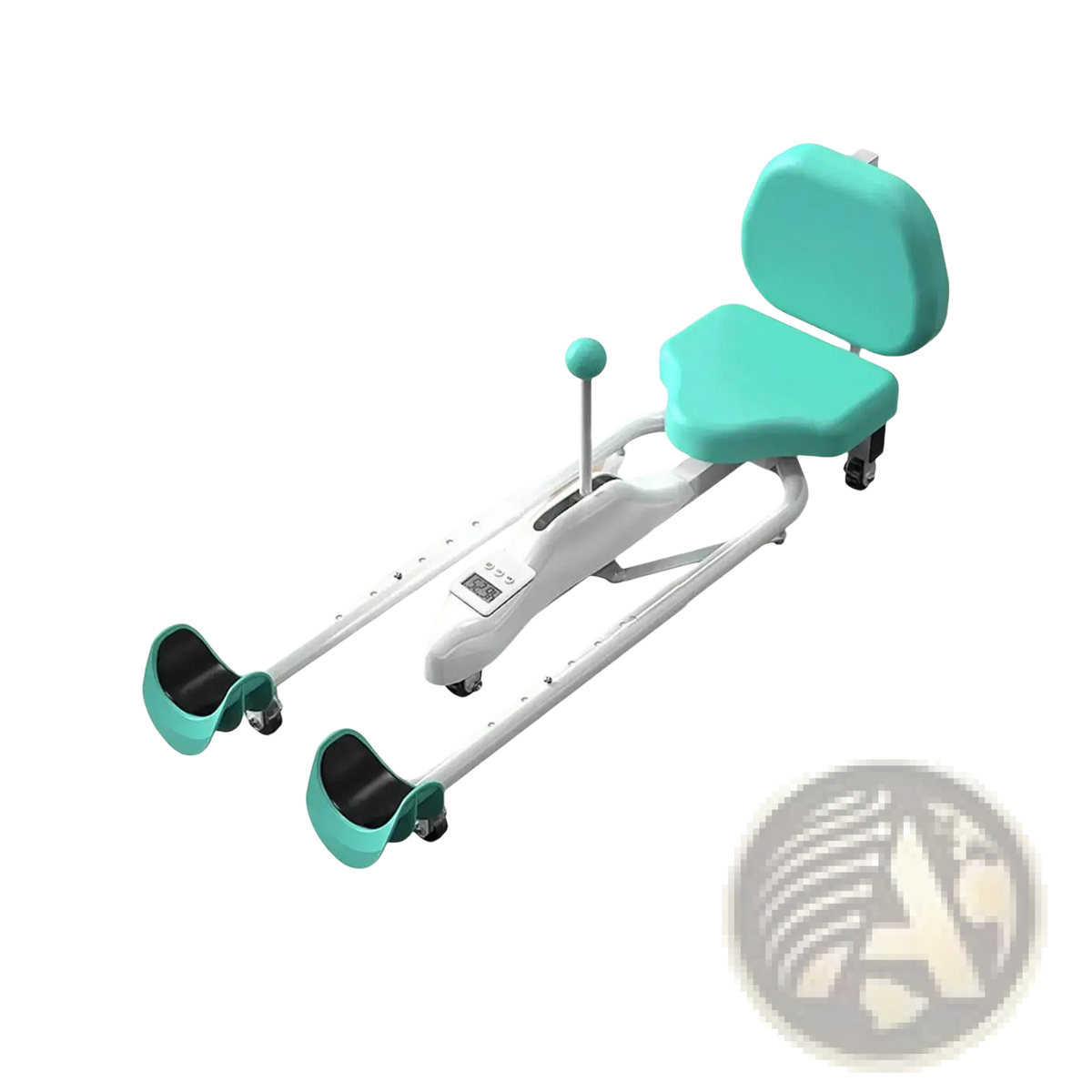 Teal and white adjustable leg stretcher split machine with padded seat backrest and foot supports for flexibility and yoga