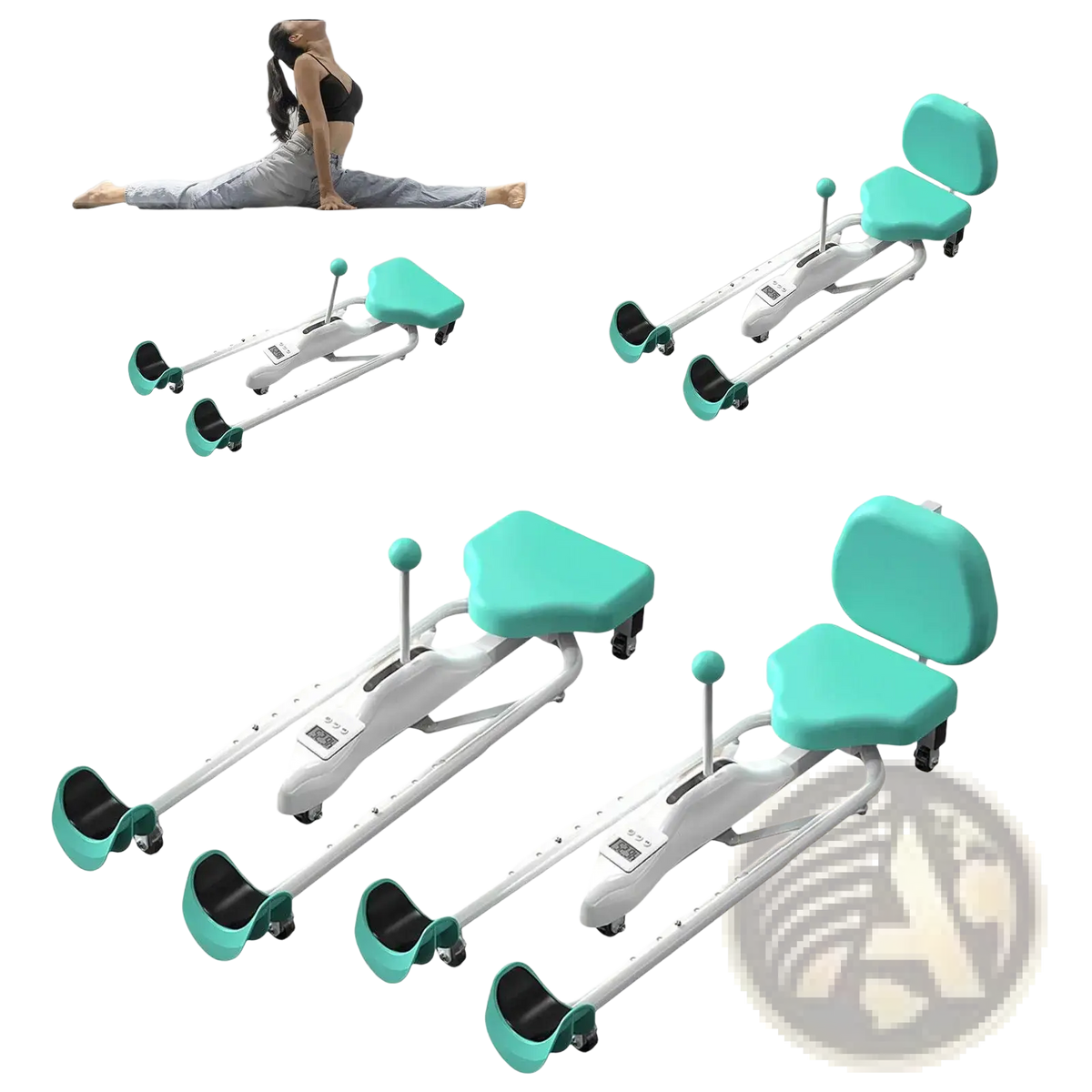 Teal and white adjustable leg stretcher split machine with black footrests and wheels for flexibility and yoga