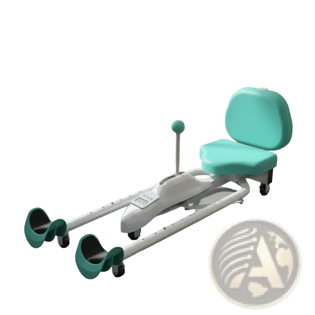 Teal and white electric recumbent leg stretcher split machine with adjustable footrests and digital display for yoga
