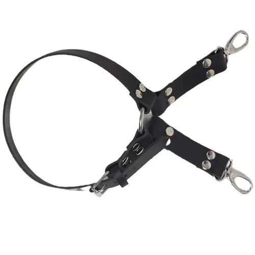 Adjustable black leather hip harness with silver hardware featuring metal hardware and adjustable straps