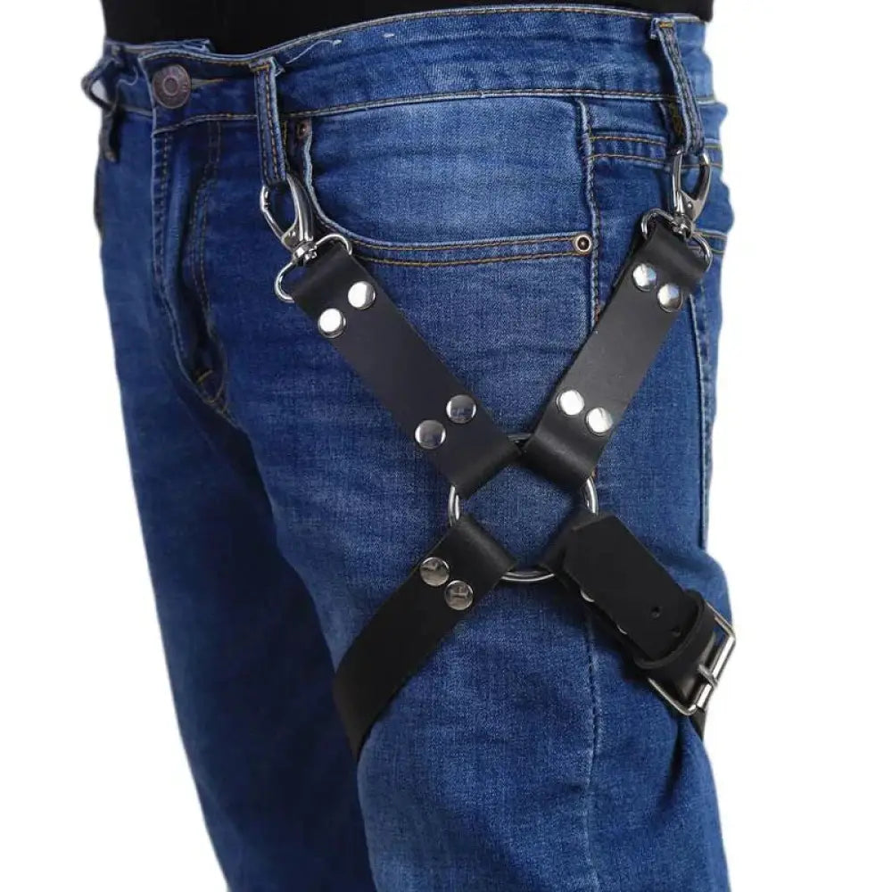 Adjustable black leather hip harness with silver hardware featuring metal rivets and detailed metal fittings