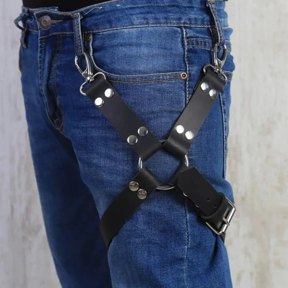 Adjustable black leather hip harness with silver hardware featuring adjustable straps and metal accents