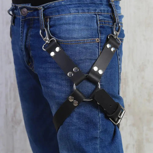 Adjustable black leather hip harness with silver hardware featuring adjustable straps and metal accents