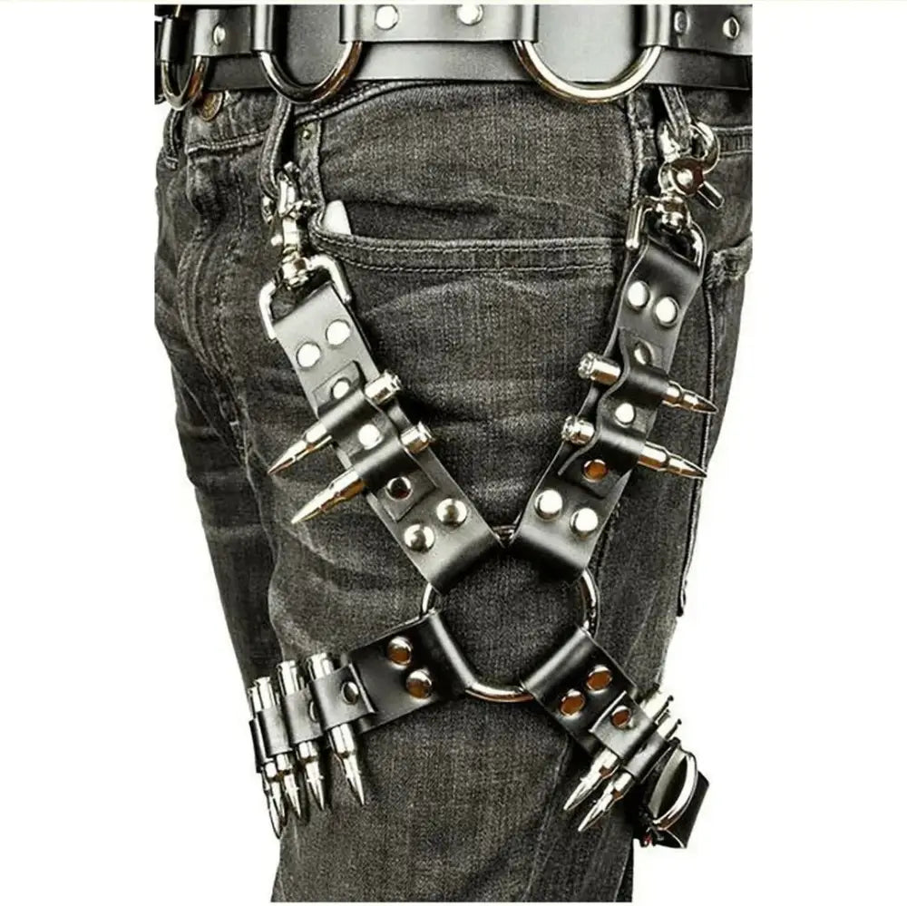 Adjustable black leather hip harness with silver hardware featuring metal spikes and circular rings visible from the back side