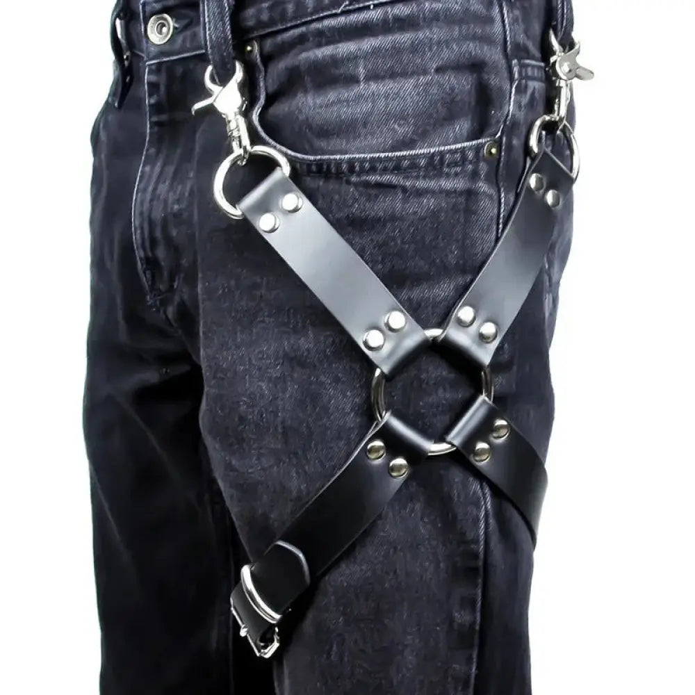 Adjustable black leather hip harness with silver hardware featuring metal rivets and durable leather straps