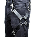 Adjustable black leather hip harness with silver hardware featuring metal rivets and durable leather straps