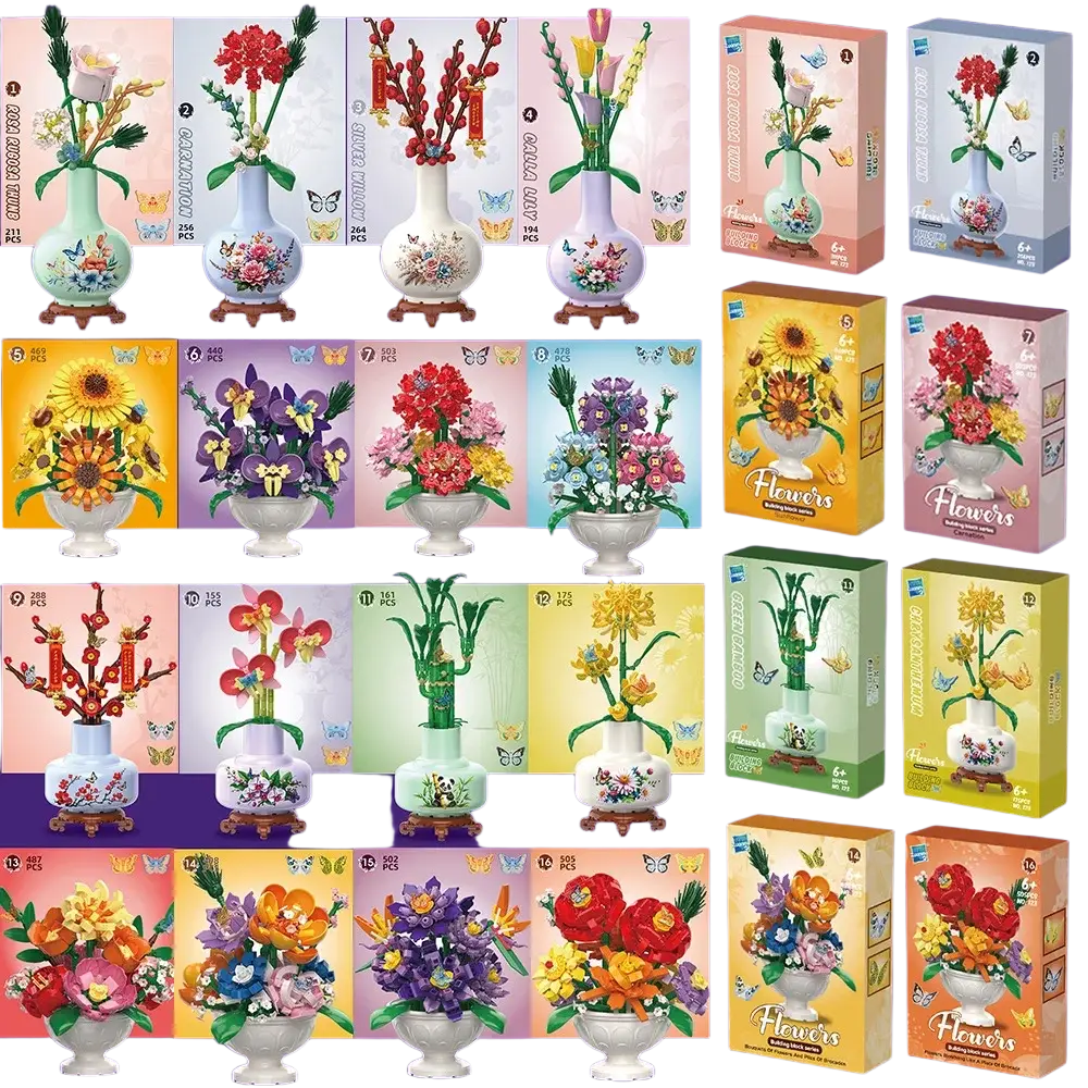Lego compatible building block flower potted plant toy with colorful intricate designs in ceramic vases and wooden bases
