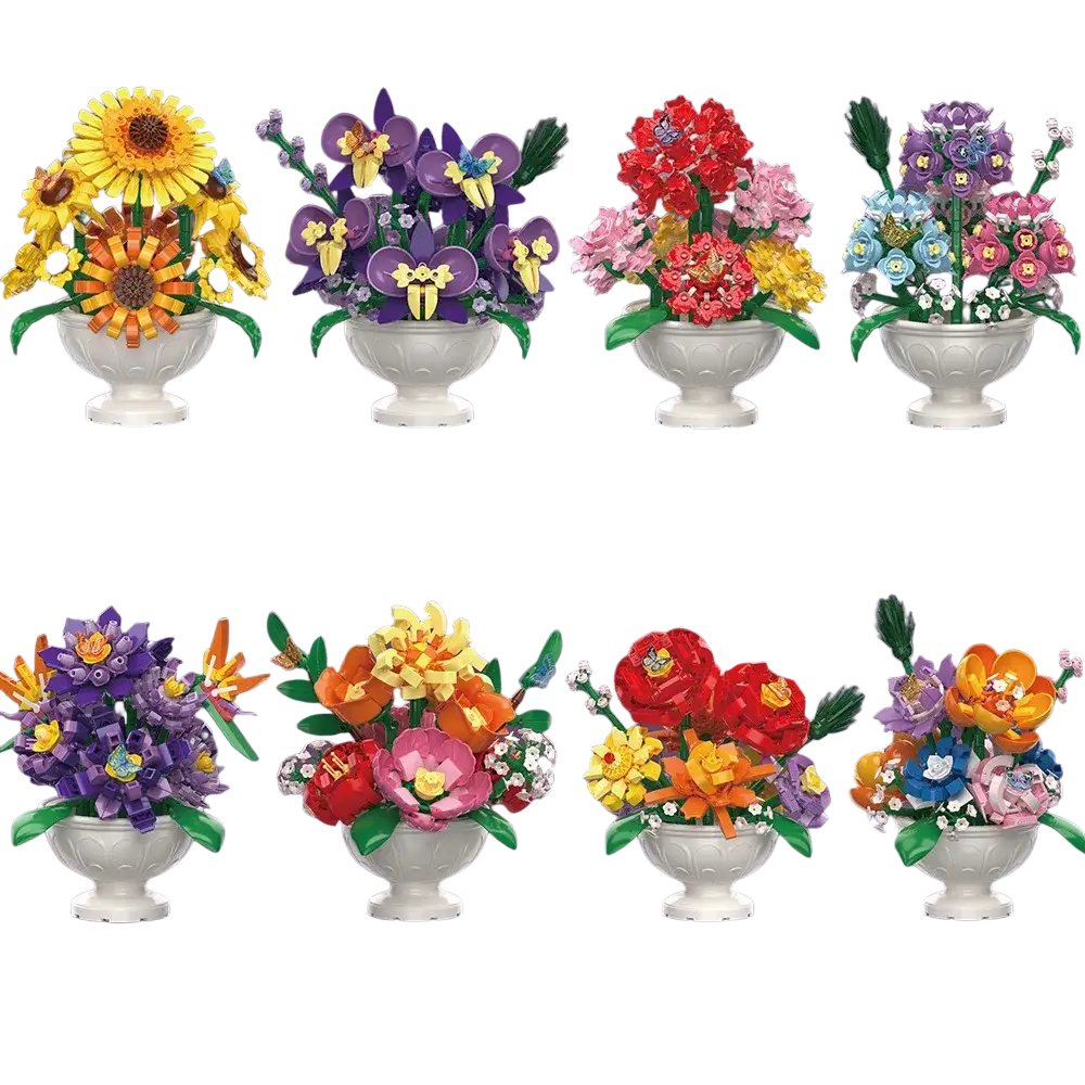 A collection of eight colorful lego compatible building block flower bouquets in white ceramic-style vases
