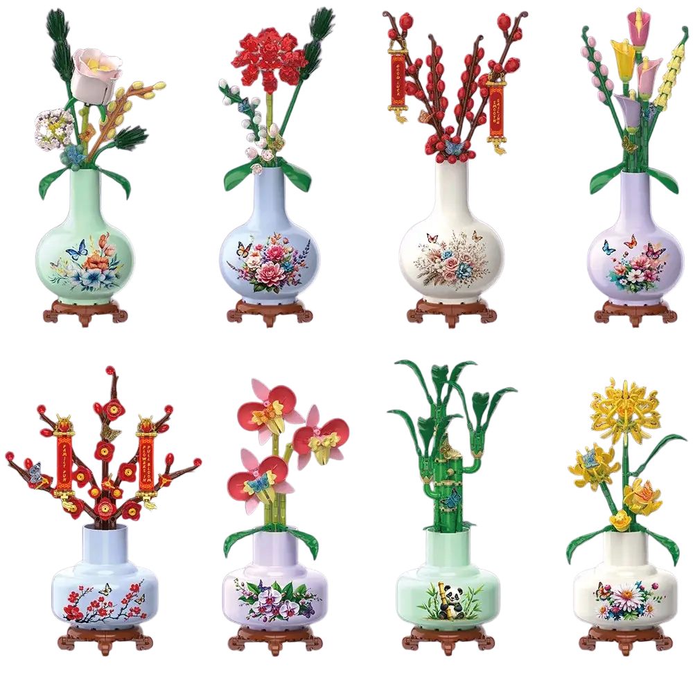 A collection of eight lego compatible ceramic vases with hand-painted floral motifs and wooden bases in vibrant colors