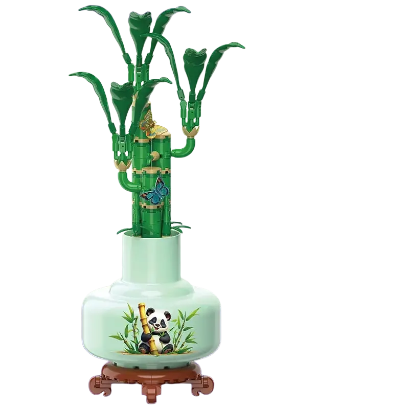 Lego compatible green bamboo-themed building block flower potted plant toy with panda illustration on base