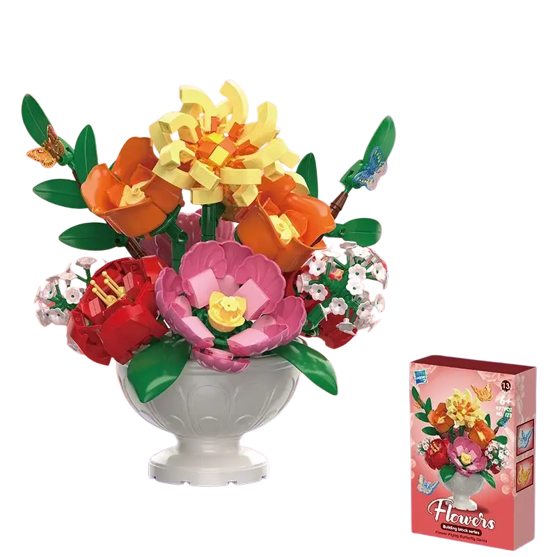 A vibrant multi-colored lego compatible building block flower arrangement in a white ceramic vase toy