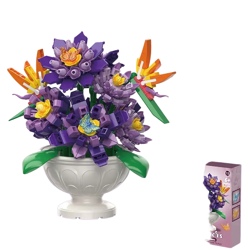 Lego compatible building block flower potted plant toy with vibrant purple and orange bricks in white ceramic vase