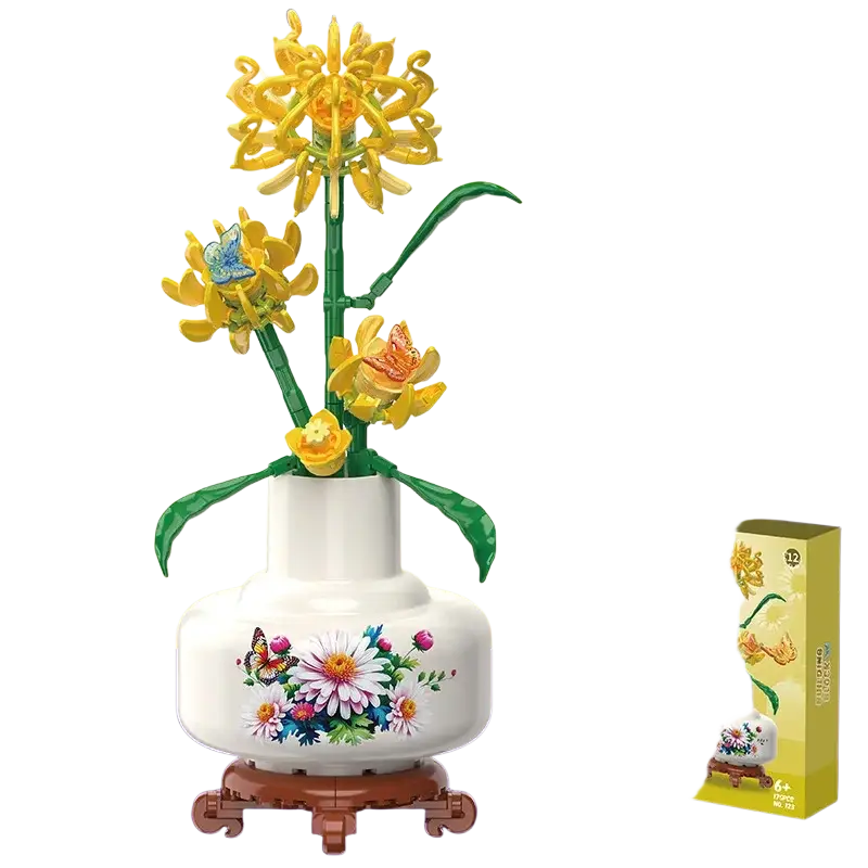 Lego compatible building block flower potted plant toy with white ceramic vase and yellow chrysanthemum bouquet made of bricks