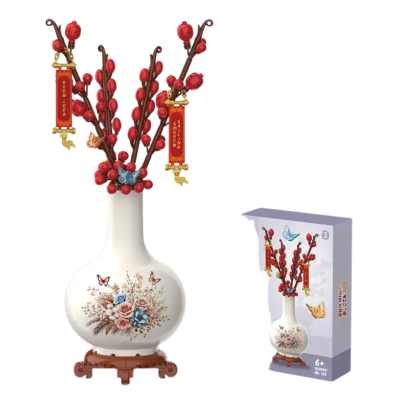 Lego compatible building block flower potted plant toy with white ceramic vase and silver willow branch arrangement