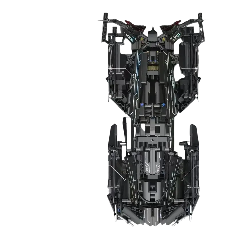 Black and gray lego technic futuristic racing car with glowing blue accents small building blocks from mainland china