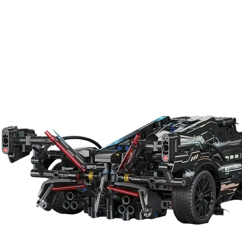 Black and red lego compatible small building blocks futuristic armored vehicle with glowing blue accents from mainland china