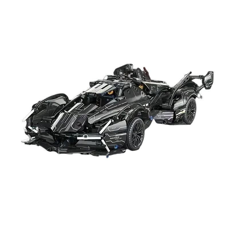 Black and silver lego technic racing car model made of small building blocks from mainland china with intricate mechanical details