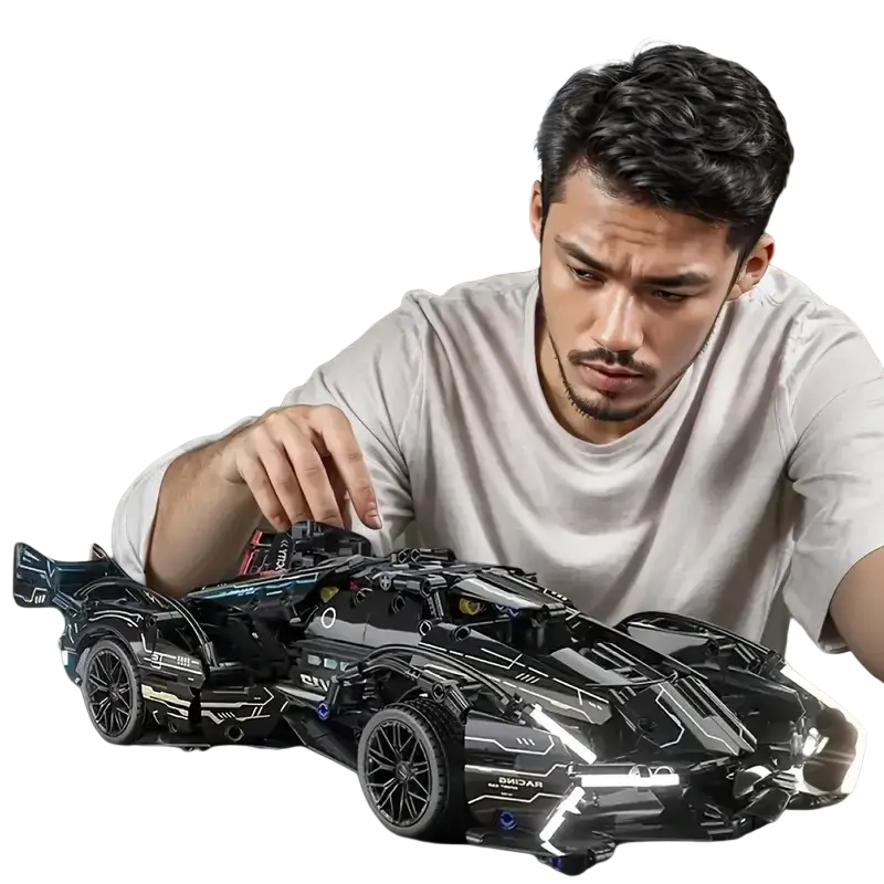 Lego compatible small building blocks set featuring black and silver technic batmobile model with glowing led lights from mainland china
