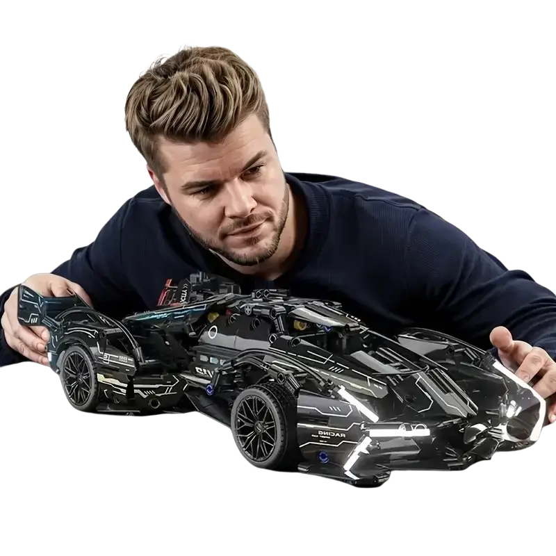 Lego compatible small building blocks set featuring black and teal technic batman batmobile with illuminated led lights made in mainland china