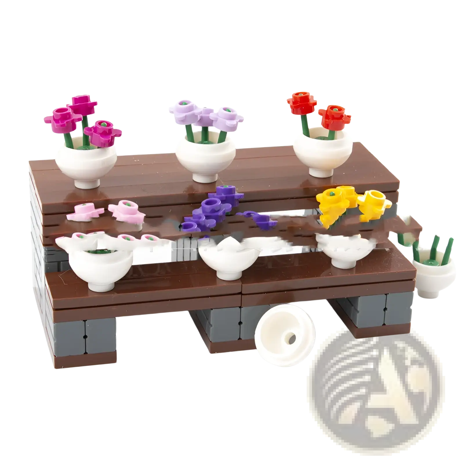 Brown lego brick bench with white ceramic pots holding colorful plastic flowers in lego flower vase building block set for kids