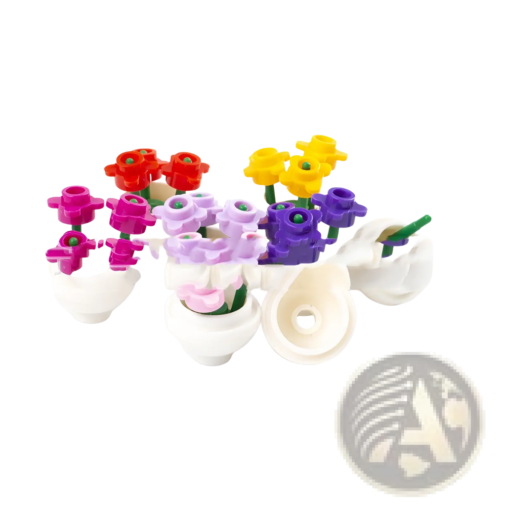 A colorful Lego flower vase building block set for kids featuring plastic flowers in red pink purple yellow and white with green stems