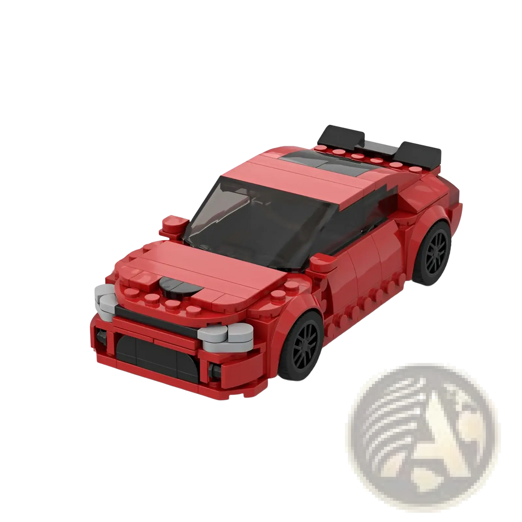 Lego technic red sports car model with black wheels and gray accents made of 249 building blocks