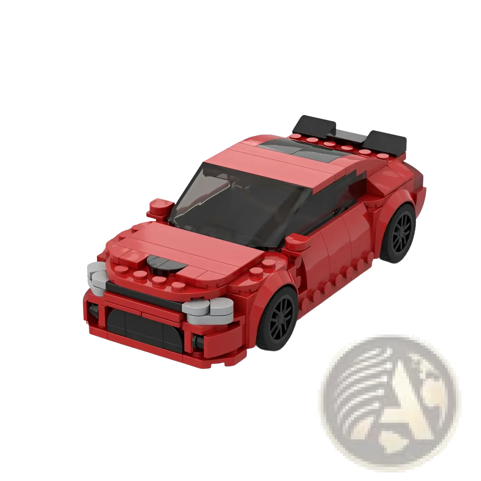 Lego technic red sports car model with black wheels and gray accents made of 249 building blocks
