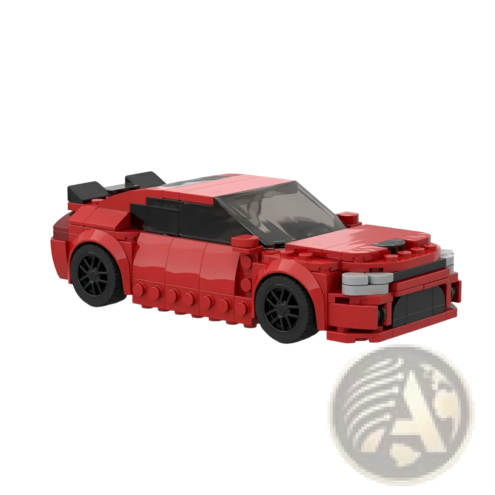 Red lego technic sports car model with black wheels and spoiler built from 249pcs building blocks