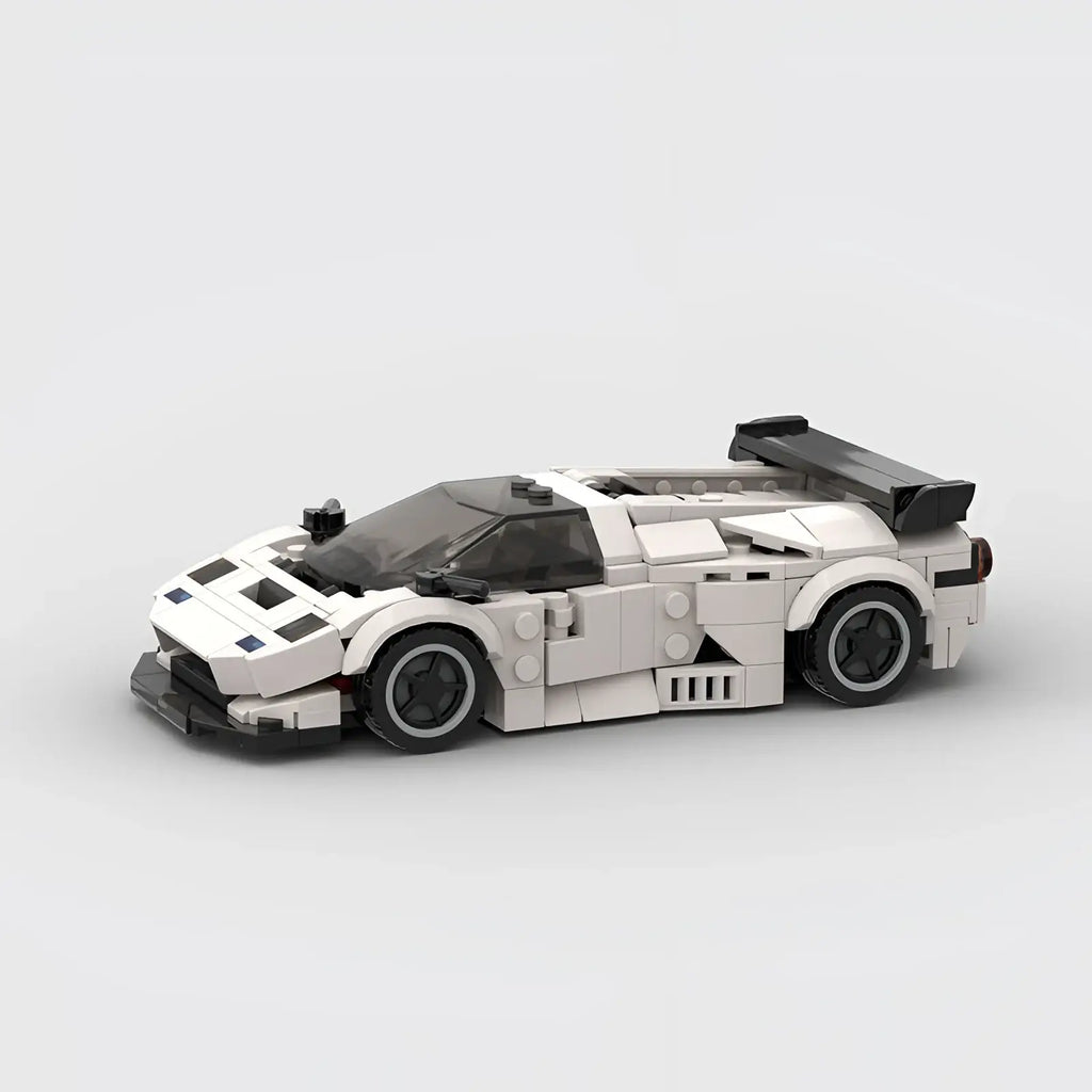 Lego Technic sports car model Diablo GT in white and black with sleek aerodynamic design made of building blocks