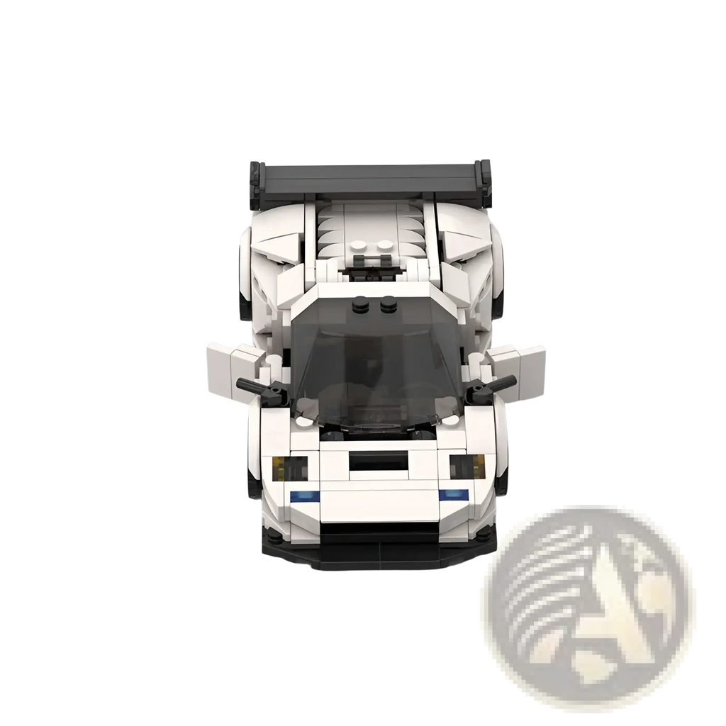 White lego technic sports car model diablo gt with black accents and prominent rear spoiler shown from back side