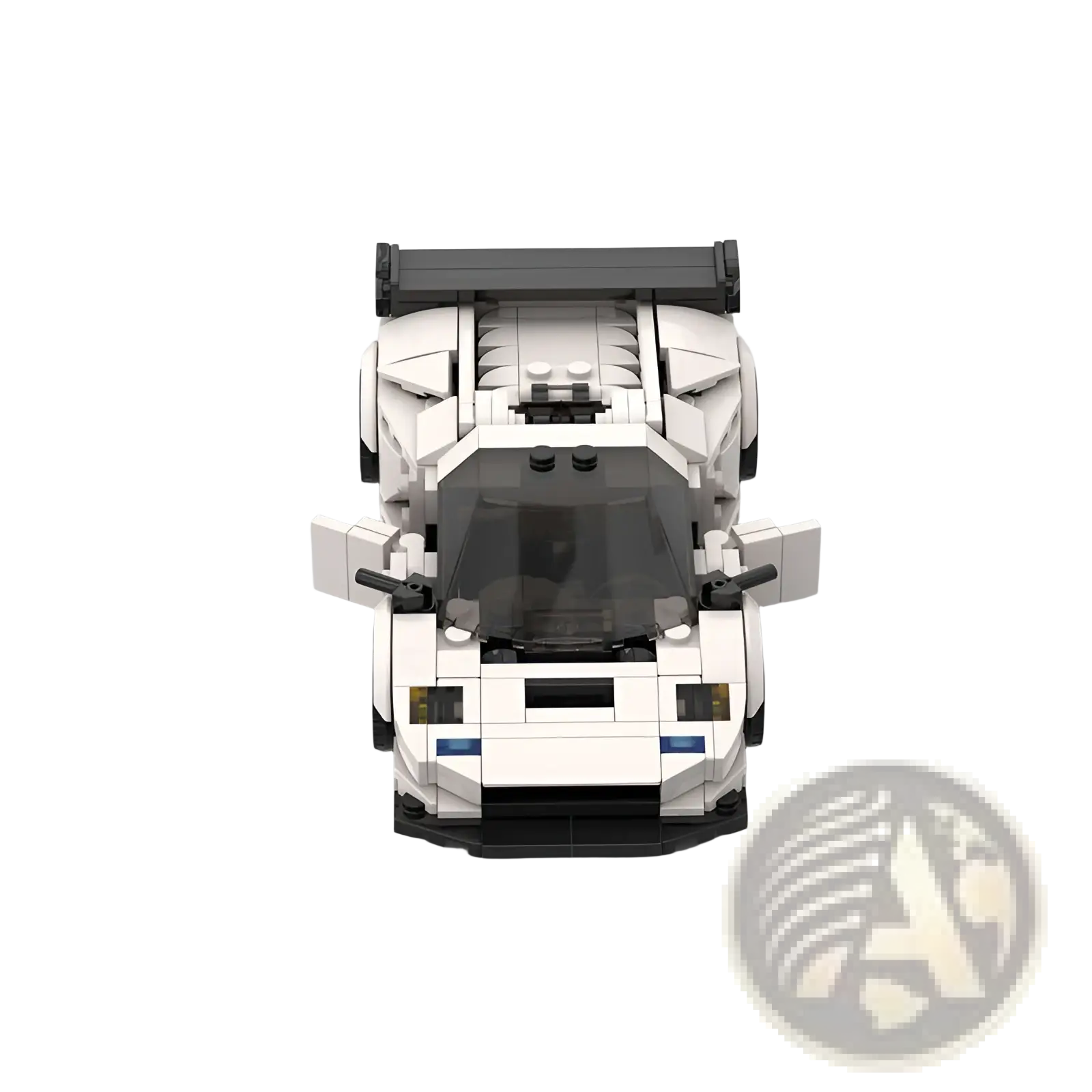 White lego technic sports car model diablo gt with black accents and prominent rear spoiler shown from back side