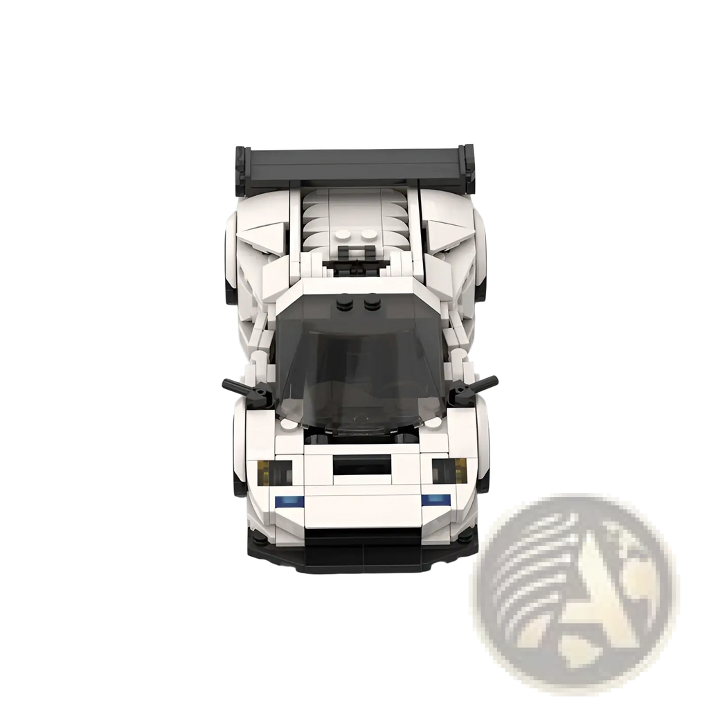 White and black lego technic sports car model diablo gt with sleek aerodynamic design made of building blocks