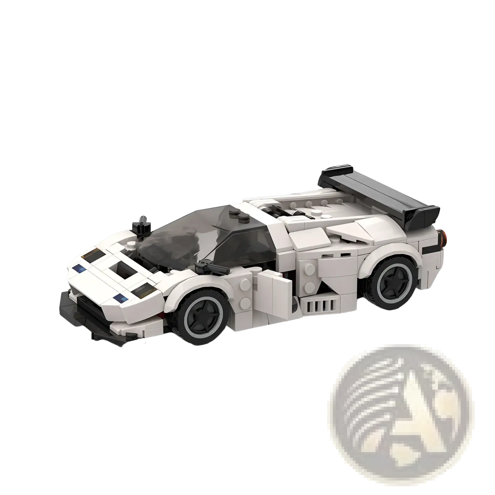 Lego technic sports car model diablo gt in white and black with sleek aerodynamic design and transparent cockpit