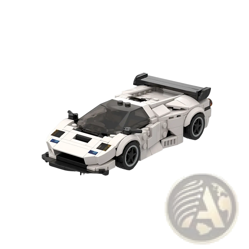 White and black lego technic sports car model diablo gt with sleek aerodynamic design made of building blocks